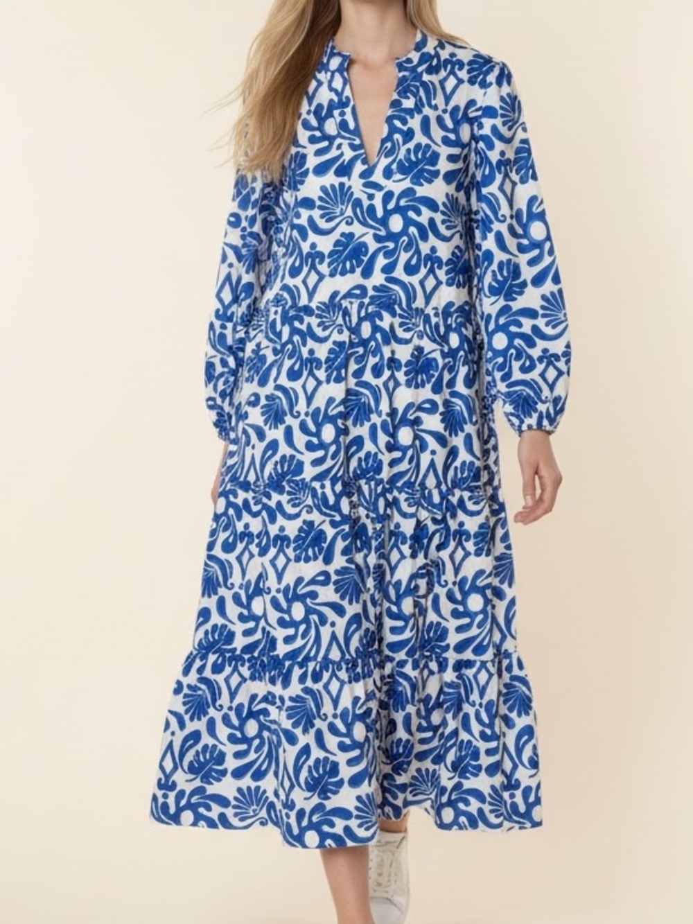STS Sail to Sable Tiered Maxi Dress Blue Beach Splash Print Long Sleeve size XL